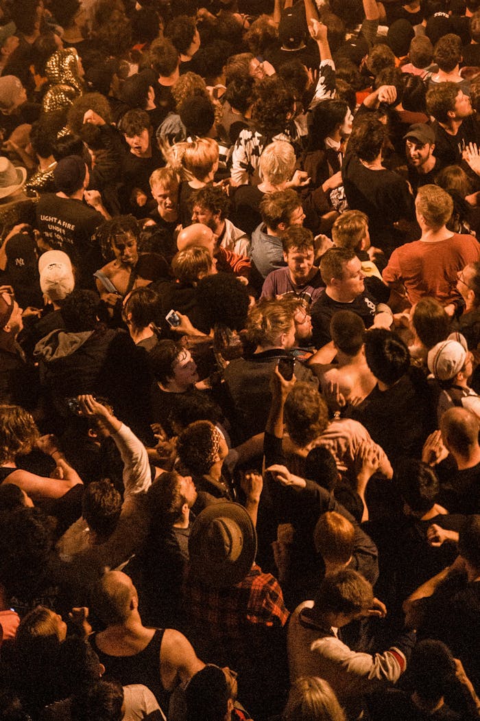 A lively concert audience captured from above at night, showcasing excitement and energy.